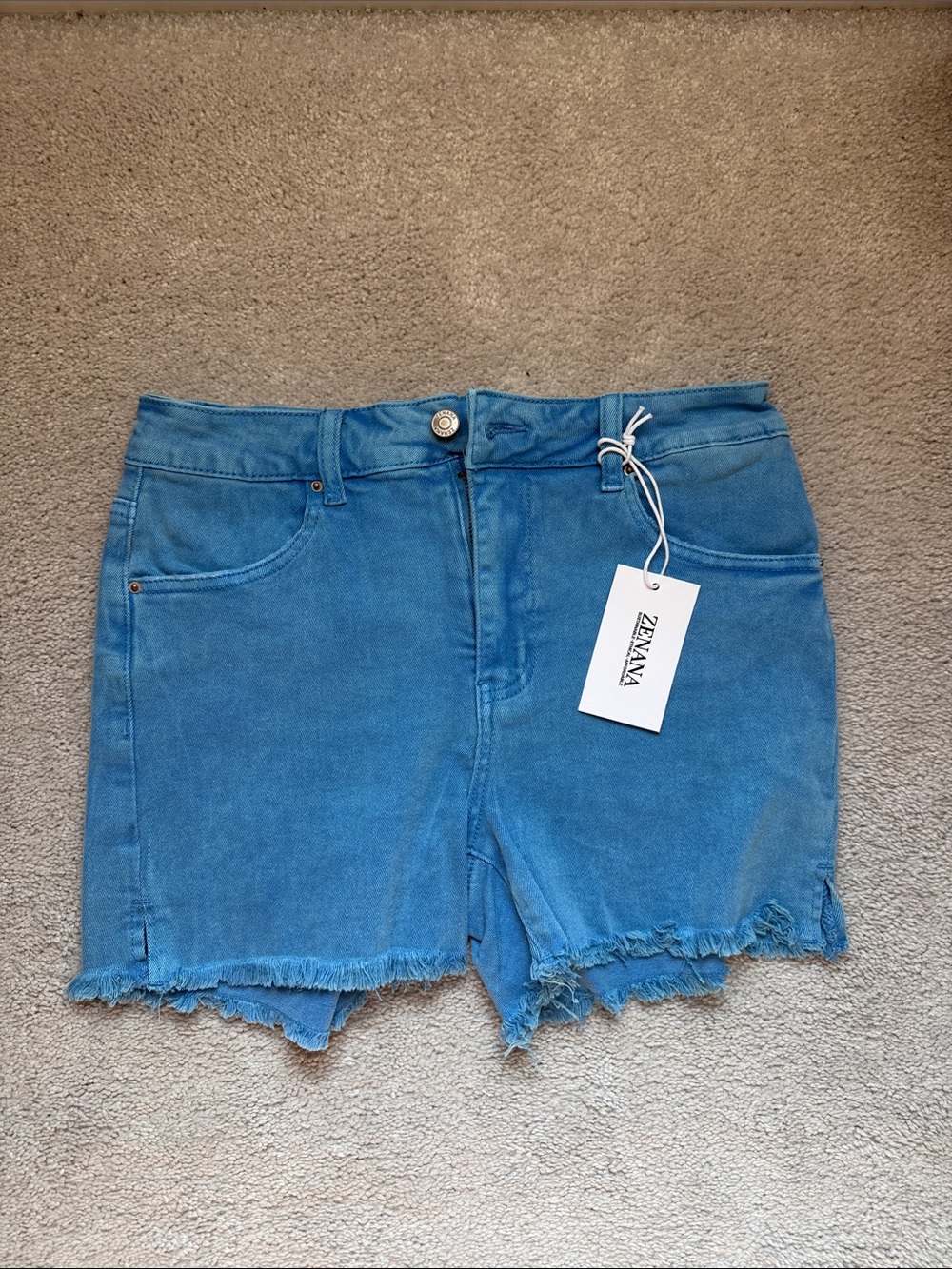 Zenana Outfitters Mid Blue Frayed Hem Denim Shorts